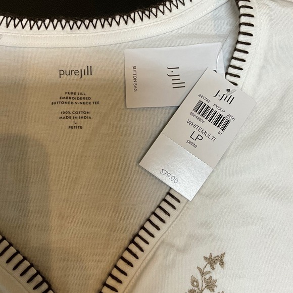 Pure Jill Embroidered Buttoned V Neck Tee White Multi Floral Print Cotton PL - Picture 7 of 10